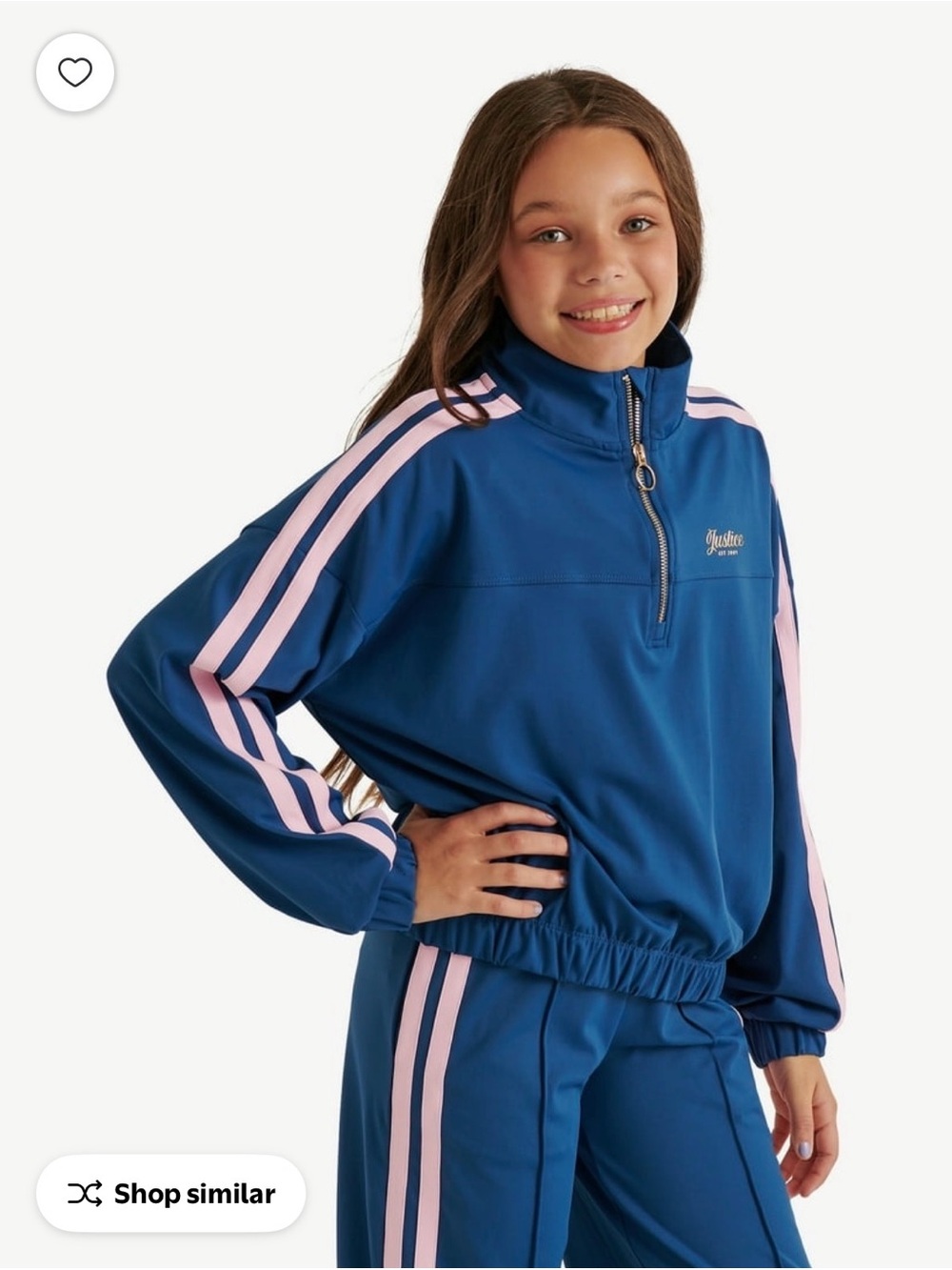Justice Blue Half-Zip Track Jacket with Pink Stripes